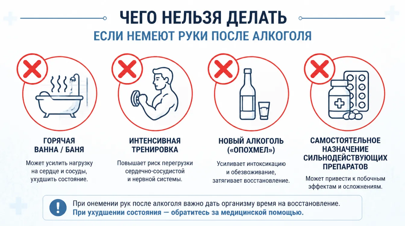 Что нельзя делать при онемении рук после алкоголя