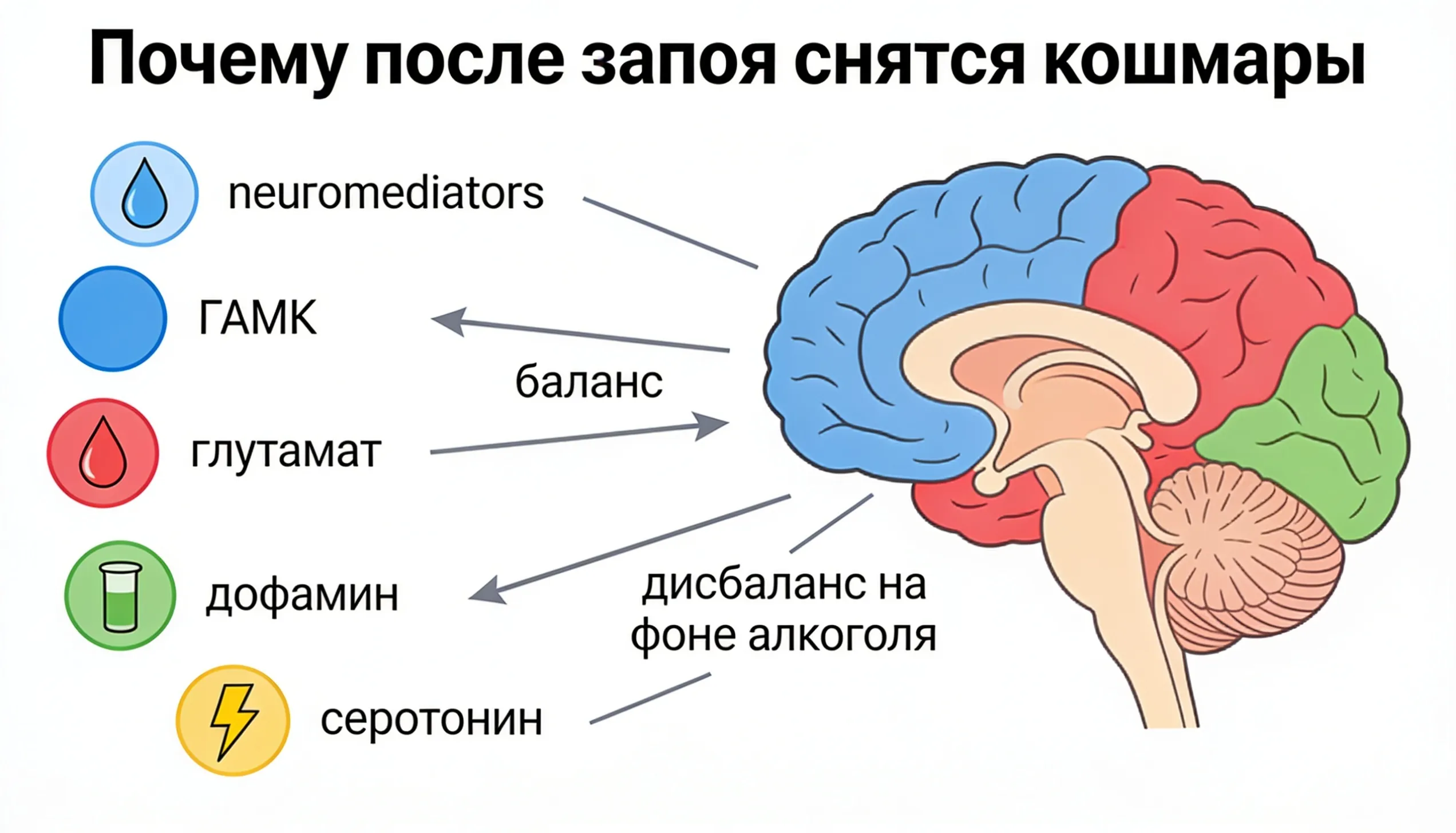 Алкоголь воздействует на несколько ключевых систем нейромедиаторов
