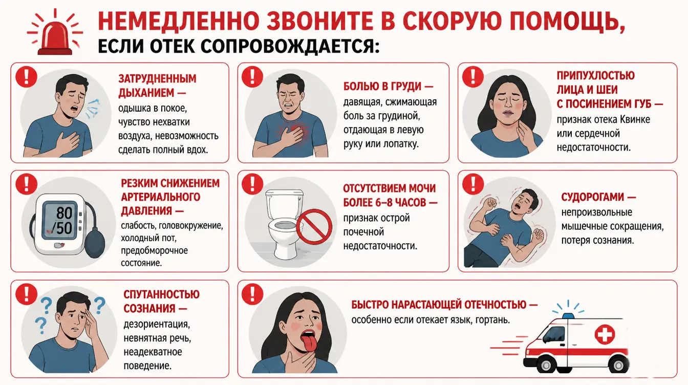 Опасные симптомы, сопровождающие отеки