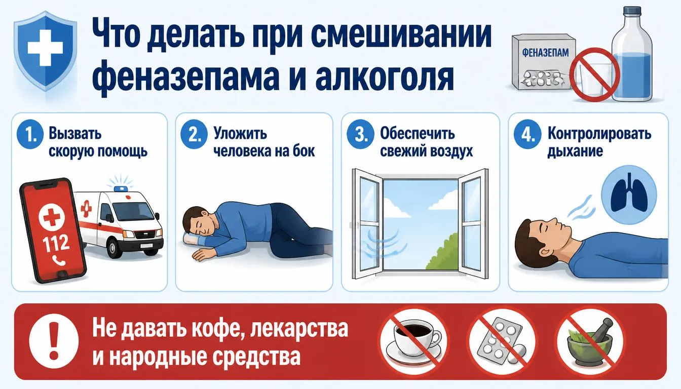 Первая помощь при смешивании феназепама и алкоголя